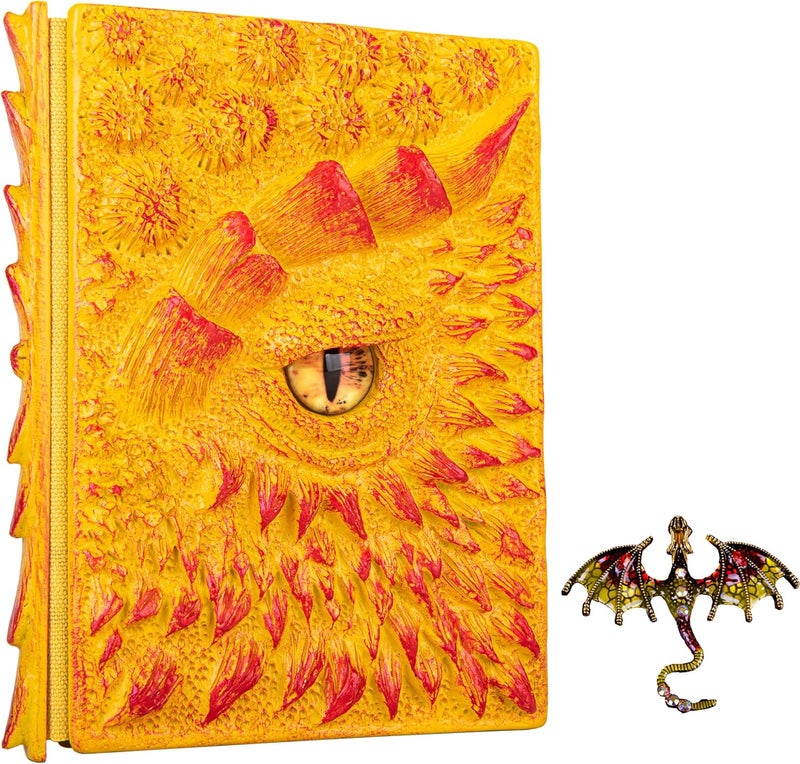 LZlightactor 3D Dragon Eye Embossed Journal,Resin Engraving Notebook,Dnd notebook for Dragon Lovers ，Blank Paper,Hardcover Travel Notepad for Writing,Sketchbook,Collection,Gift,Decoration A4 and A5 Size (A5-Yellow with brooch) - Image 1